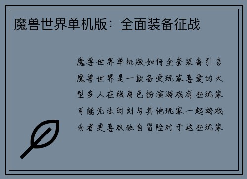 魔兽世界单机版：全面装备征战